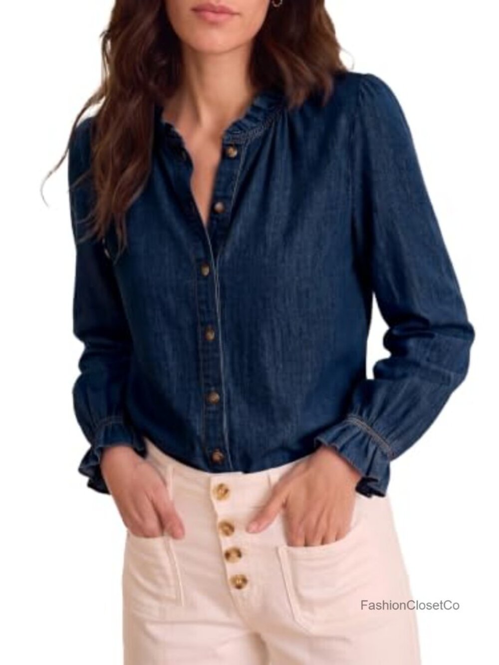 Womens Ruffle Denim Button Down Shirt Cotton Blend Cowboy Top